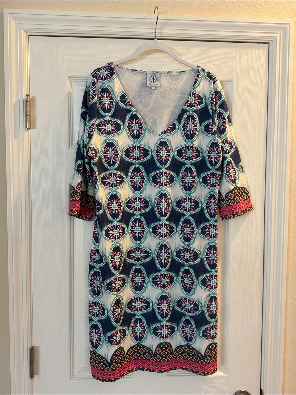 Tracy Negoshian Teal and Pink Medallion V-Neck Shift Dress